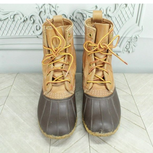 LL Bean Brown Leather Lace Up Unlined Ankle Duck Boots Size 7 Medium - Picture 5 of 9